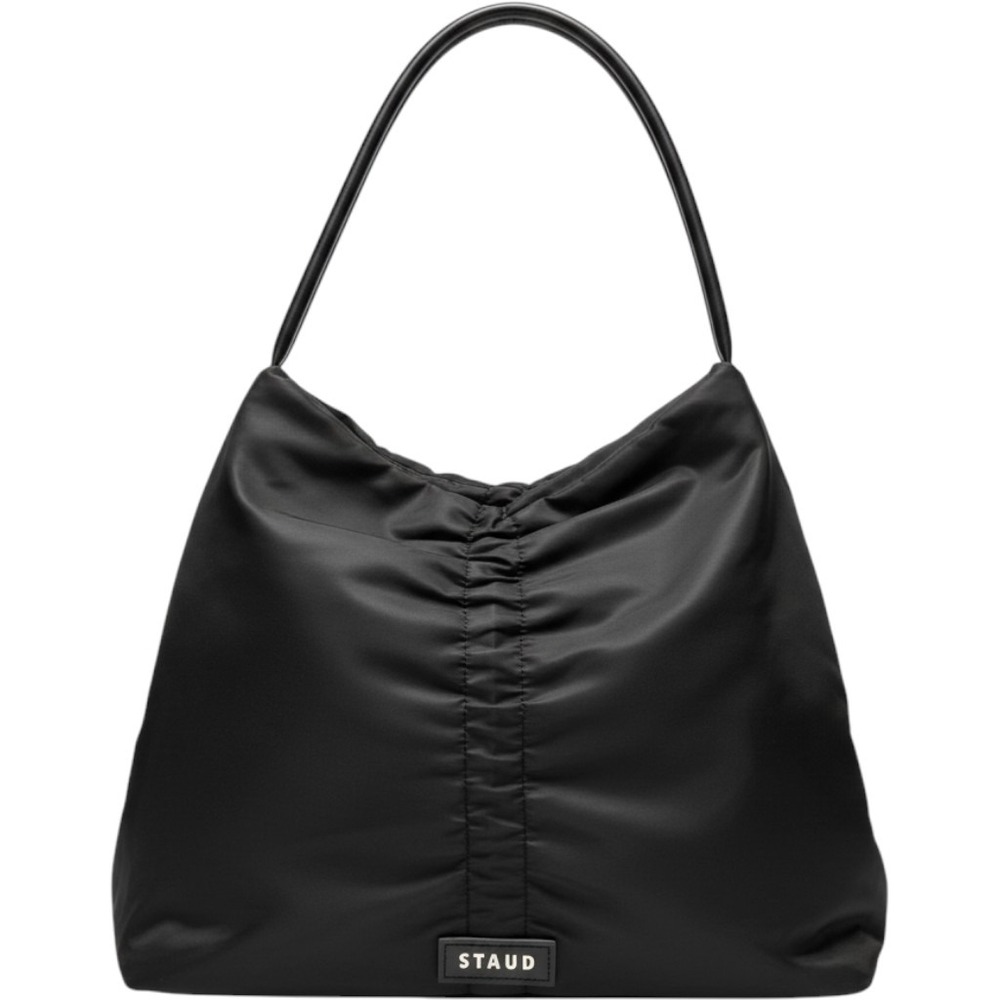 STAUD Womens Shoulder Bag Felix Ruched Nylon Black Hobo Tote Purse Large